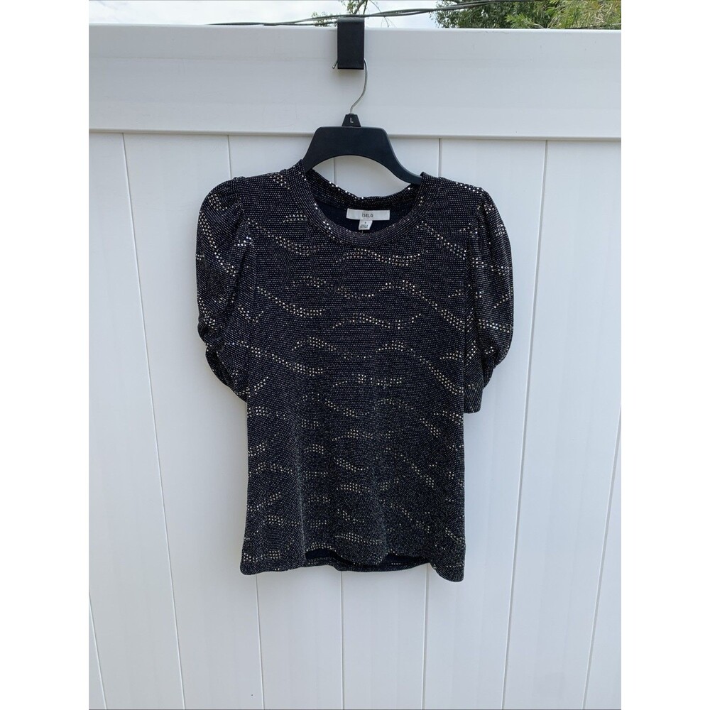Isela Short Sleeve Blouse Black Sequin All Over Sparkly Sz Small nylon  NWOT